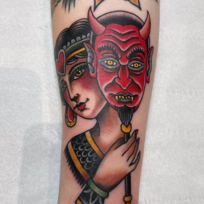Colour Masked Hidden Face Girl Head Venetian MaskHeart Headdress Forearm Tattoo