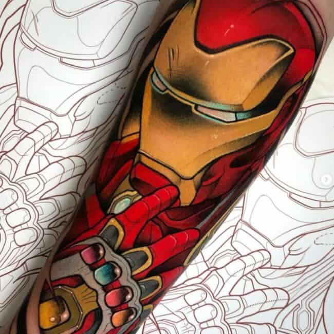 Colour Realism Iron Man With Infinity Stones On His Hand Portrait Forearm Tattoo