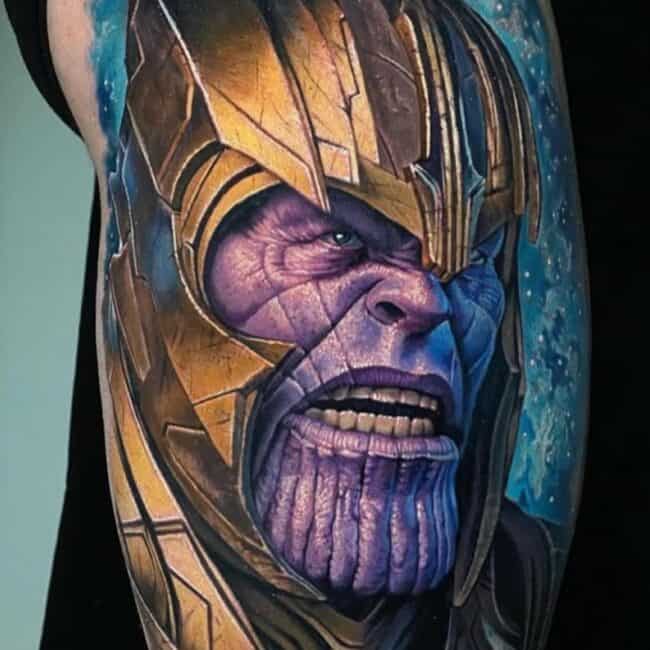 Colour Realism Portrait Thanos In Armor With Star Filled Space in The Background Detailed Thigh Tattoo