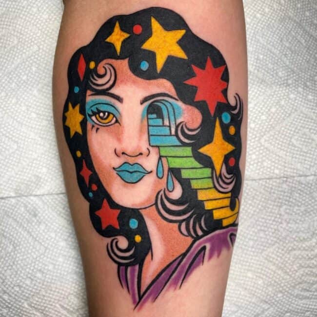 Colour Surreal Psychedelic Girl Head Diamond Stars Stairs Dots Leg Calf Tattoo