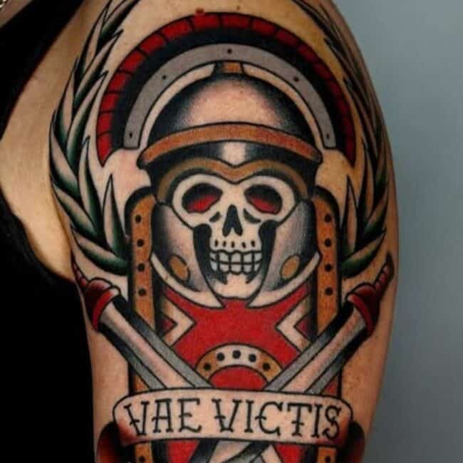 Colour Viking Warrior Skulls Samurai Helmets Skeletal Faces Traditional Spartan Shields Arm Tattoo