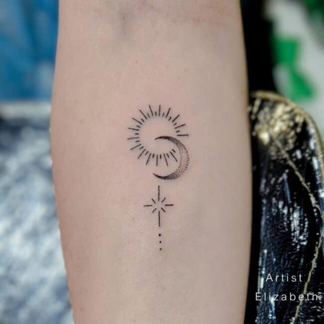 Elizabeth Tattoo Artist Light Blackwork Sun Moon Stars Balance Forearm Tattoo, Minimalist Tattoos