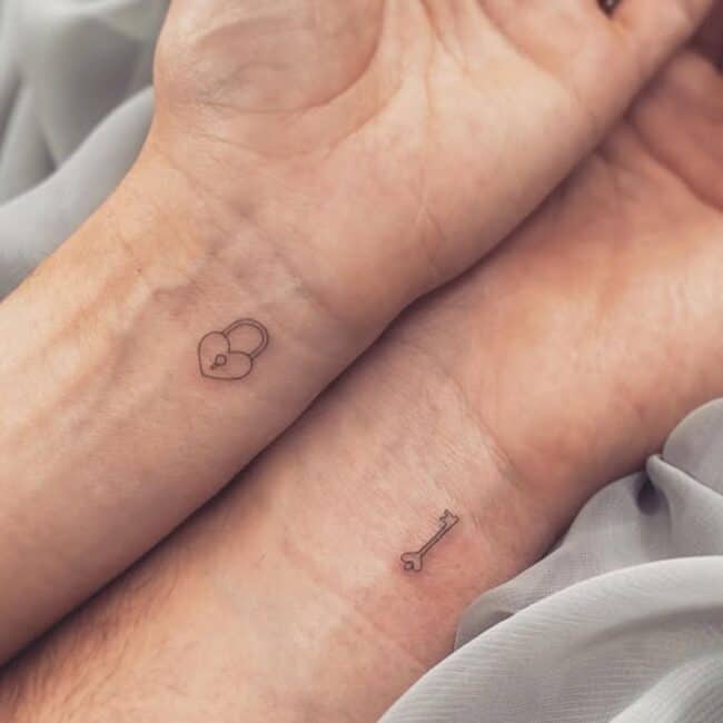 Fine Line Lock on One Wrist and Key on Another Wrist Matching Tattoos, Minimalist Tattoos