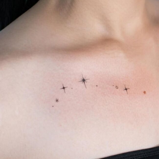 Fine Line Minimalist Tiny Stars and Tiny Circles Chest Tattoo