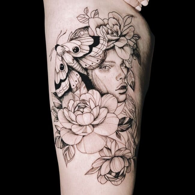 Juan Tattoo Artist Fine Line Black and Grey Realism Lady Covered in Blooming Flowers Detailed Moth Covering her Hair Leg Thigh Tattoo
