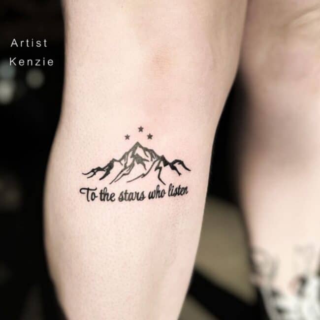 Kenzie Tattoo Artist Black and Grey Minimalist Mountain Quote Stars Below Leg Knee Tattoo
