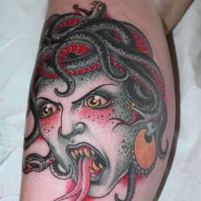 Neo Traditional Colour Medusa Snake on Head Fangs Forked Leg Calf Tattoo