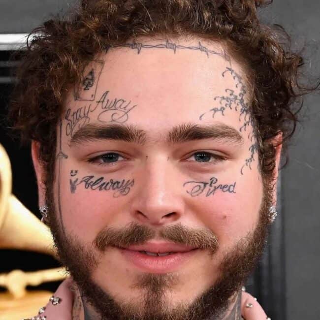 Post Malone Always Tired Face Tattoo Script Lettering