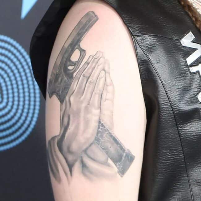 Post Malone Praying Hands Holding A Gun Shoulder Tattoo