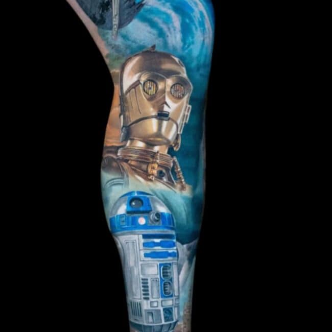 Star Wars Tattoo R2D2 Robot BB8 Colour Leg Realism Tattoo