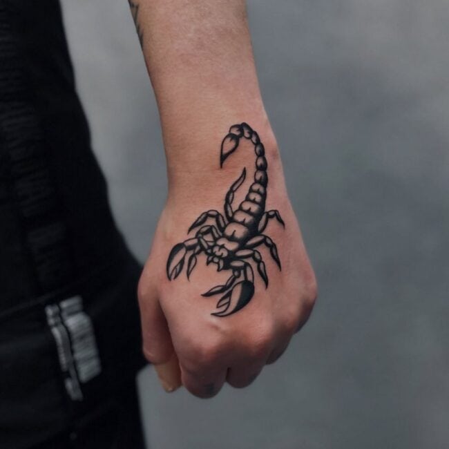 Traditional Black and Grey Full Body Scorpion Detailed Pincers Legs Abdomen Stinger Wrist Hand Tattoo