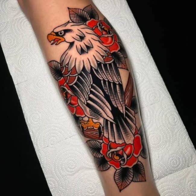 Traditional Colour Bald Eagle Floral Patterns Sharp Linework Detailed Calf Tattoo