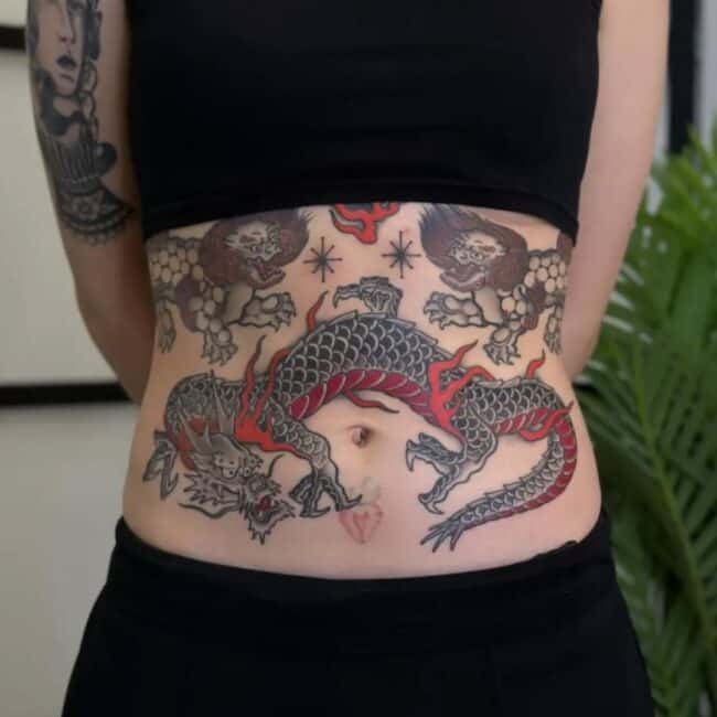 Traditional Colour Dragon Black Scales Red Flames Detailed Scales Distinctive Facial Expression Waist Tattoo