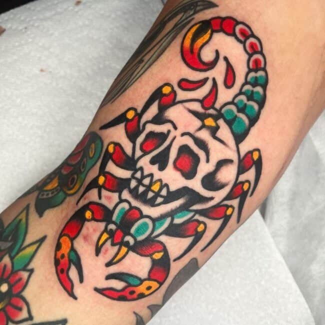 Traditional Colour Full Body Scorpion Blood Drops Skull Golden Tooth Arm Tattoo