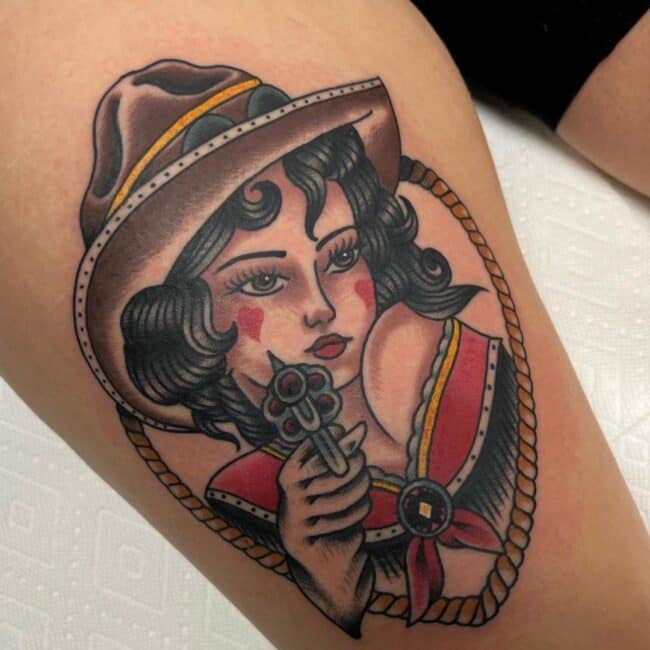 Traditional Colour Girl Head Gun Heart on Her Cheeks Leg Thigh Tattoo