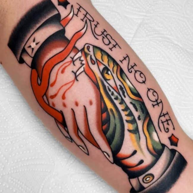Traditional Colour Handshake Snake Fangs Sharp Forked Tongue Wrapped Arm Tattoo