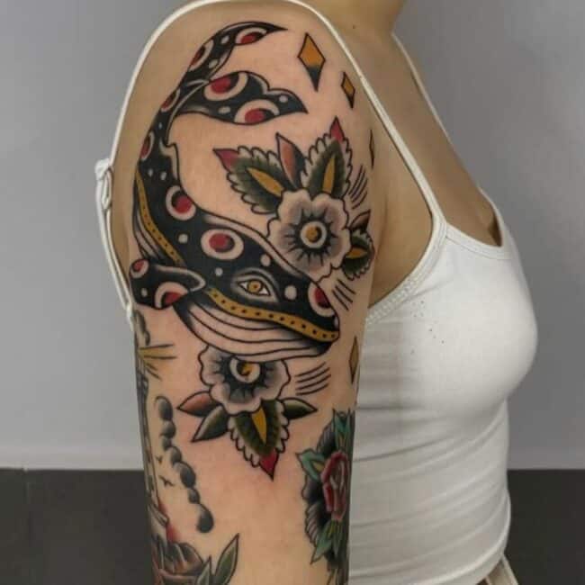Traditional Colour Ornamental Whale Floral Patterns Decorative Elements Arm Tattoo
