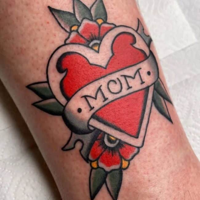 Traditional Colour Script Lettering Heart Floral Patterns Mom Inscription Forearm Tattoo