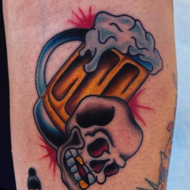 Traditional Colour Beer Glass Bubbles Skull Eye Teeth Gold NoseTooth Flowing Red Dots Forearm Tattoo