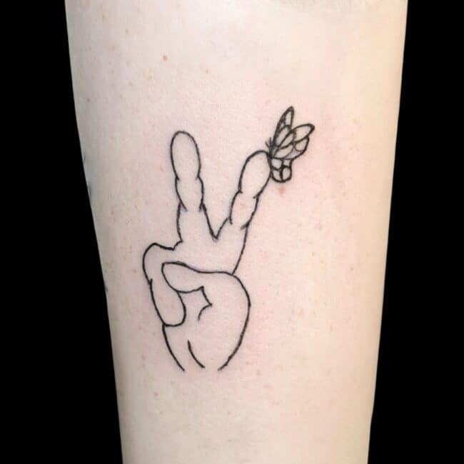Ben Tattoo Artist Black and Grey Minimalist Fine Line Peace Sign Fingers Butterfly Leg calf Tattoo