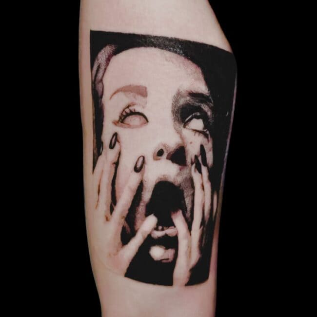 Ben Tattoo Artist Black and Grey Realism Portrait Screaming Woman White Eyeball Sharp Nails Open Mouth Arm Tattoo