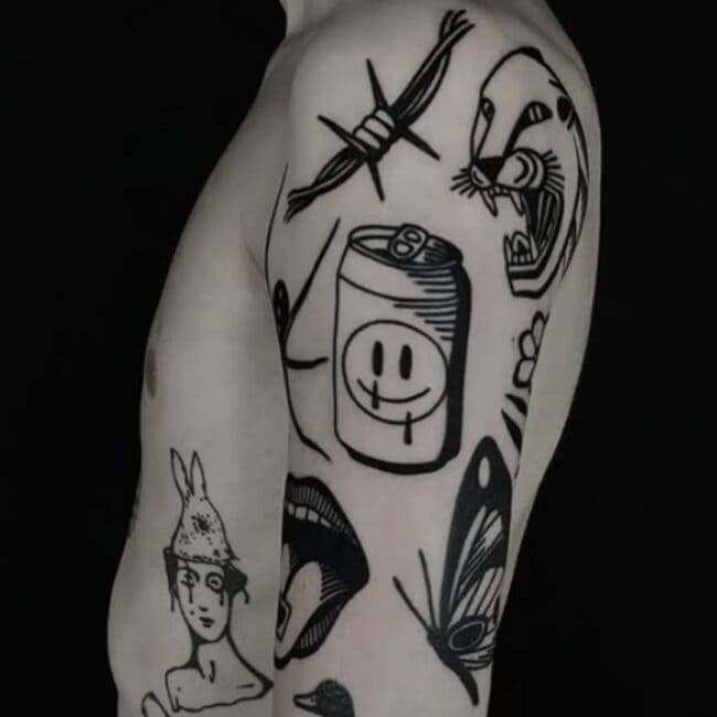Black and Grey Blackwork Patchwork Beer Can Chain Butterfly Duck Spider Panther Smiley Emoji Lines Arm Sleeve Tattoo