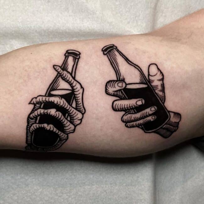 Black and Grey Blackwork Realism Fine Line Holding Bottles of Beer Hands Nails Bottle Caps Forearm Tattoo