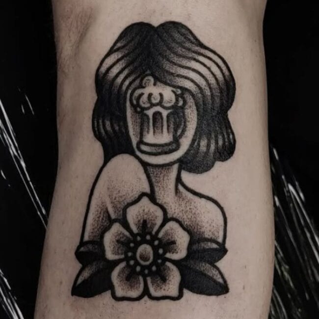 Black and Grey Fine Line Beer Girl Face Hair Shoulder Flower Leaves Dots Bold Lines Forearm Arm Tattoo