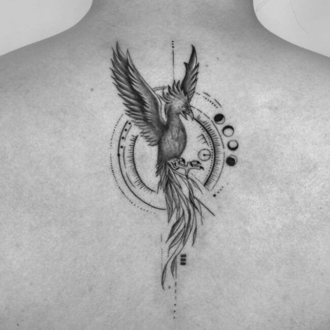 Black and Grey Fine Line Geometric Whole Body Phoenix Pointed Beak Eye Crest Outstretched Wings Tail Sharp Talons Nails Feather Moon Phases Dots Back Tattoo