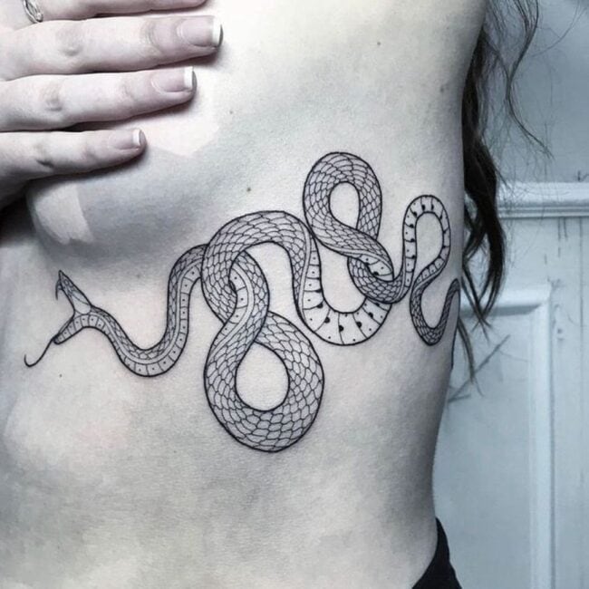 Black and Grey Fine Line Geometric Whole Body Snake Sharp Fangs Tongue Mouth Head Eye Body Tail Sternum Rib Tattoo