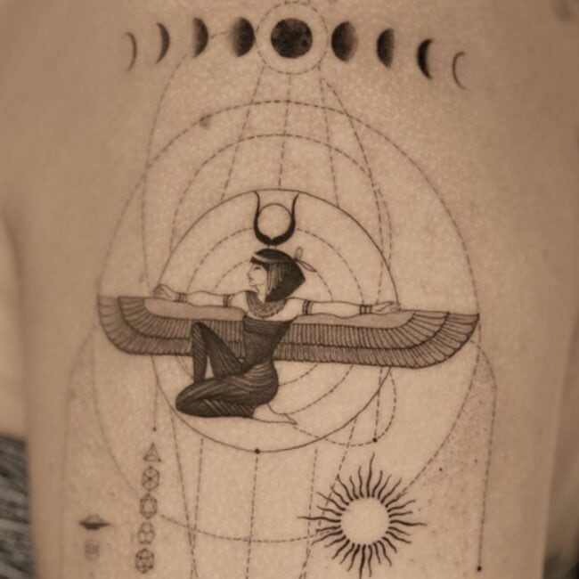 Black and Grey Geometric Fine Line Hieroglyph Ancient Egyptian Symbol Depicts Wing Lunar Shapes Moon Phases Circles Lines Sun Hieroglyphs Sphinx Dots Arm Tattoo