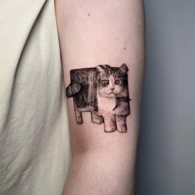Black and Grey Geometric Abstract Full Body Square Cat Grumpy Expression Detailed Fur Texture and Whiskers Arm Tattoo