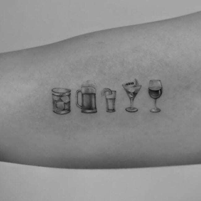 Black and Grey Realism Alcohol Drinks Beer Martini Wine Old Fashioned Cocktails Ice Bubbles Glasses Forearm Tattoo