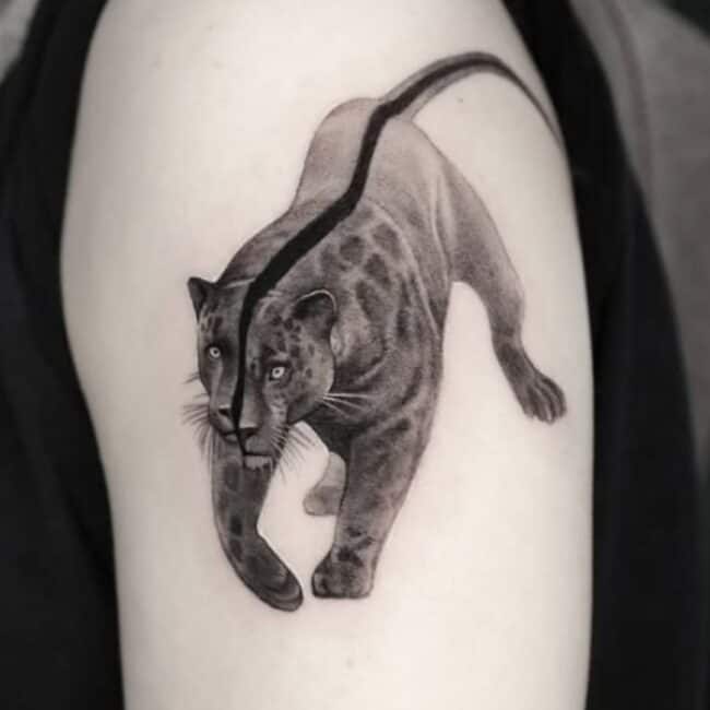 Black and Grey Realism Blackwork Whole Body Cut Panther Detailed Eyes Whiskers Nose Ears Forelegs Tail Arm Shoulder Tattoo