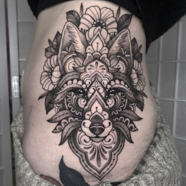 Black and Grey Realism Geometric Mandala Pattern Wolf Portrait Detailed Eye Nose Ears Mouth Flowers Leaves Full Flow Torso Rib Tattoo