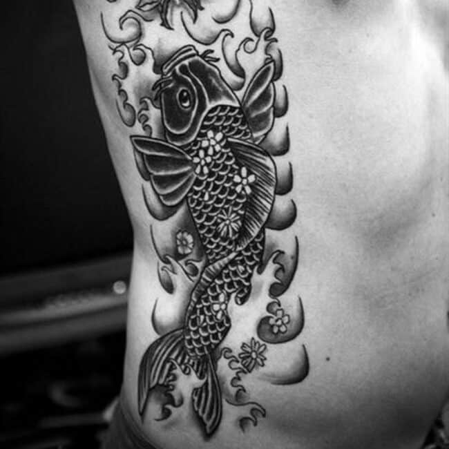 Black and Grey Realism Whole Body Koi Fish Fins Barbel Operculum Tail Fin Eye Mouth Flowers Water Side Torso Belly Rib Tattoo