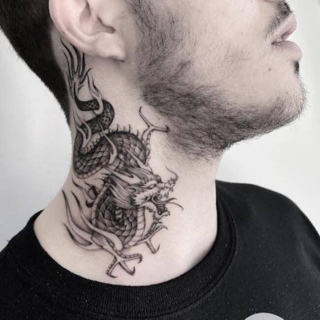 Black and Grey Traditional Fine Line Full Body Dragon Sharp Claws Paws Teeth Horns Detailed Belly Eyes Nose Scales Neck Tattoo