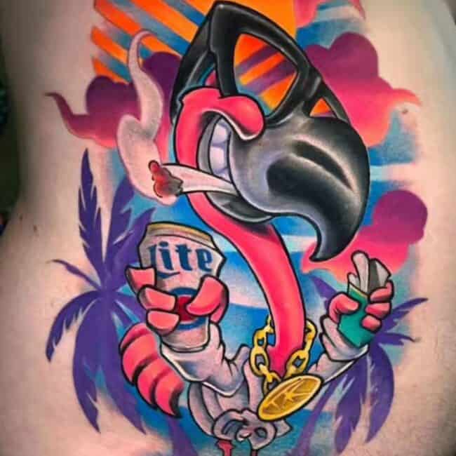 Cartoon Watercolour Flamingo Holding a Beer Sun Clouds Shades Cigarette Smoke Holding Necklace Slippers Palm Trees Bathrobe Teeth Beak Smile Side Belly Ribs Chest Tattoo