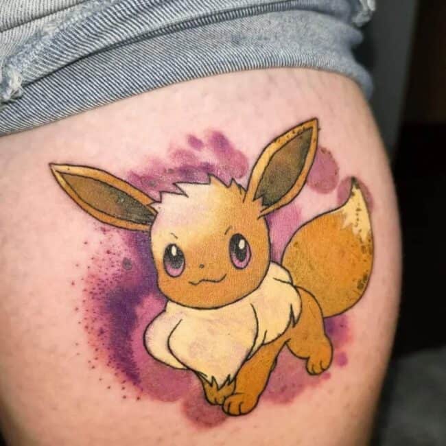 Colour Anime Cartoon Eevee Whole Body Pointed Ears Detailed Round Eyes Smiling Looking Straight Line Eyebrows Fluffy Tail Arm Shoulder Tattoo