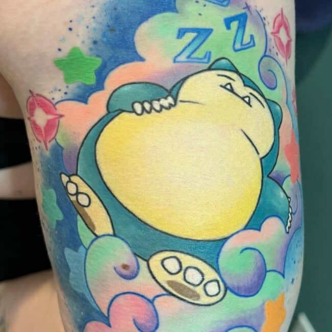 Colour Anime Cartoon Watercolour Snorlax Whole Body Sleeping in Colourful Clouds Stars Diamonds Round Big Tummy Sharp Nails Teeth Pointed Ears Shoulder Arm Tattoo