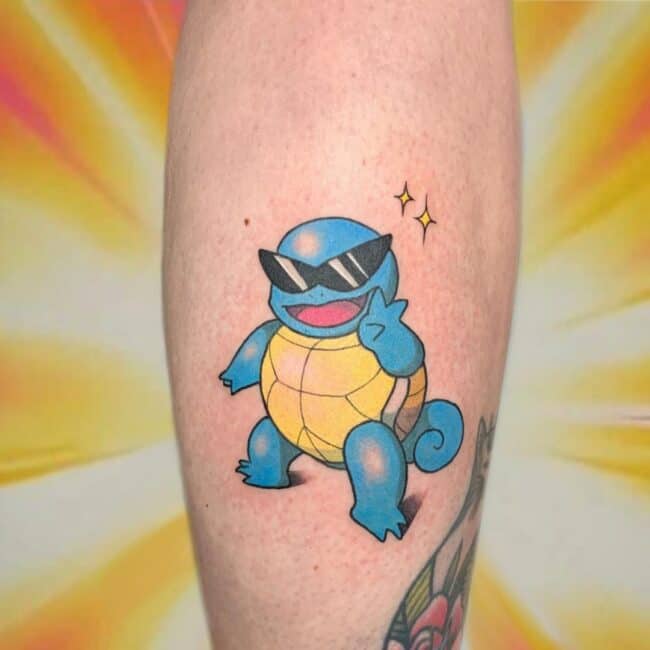 Colour Anime Cartoon Squirtle Whole Body Wearing Sunglasses Posing with Peace Sign Detailed Yellow Belly and Shell Big Smile Spiral Tail Calf Leg Tattoo