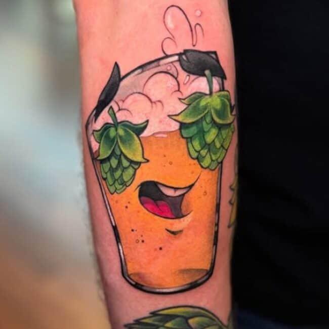 Colour Cartoon Barley Grain Beer Glass Bubbles Mouth Tongue Lips Upper Teeth Dots Forearm Arm Tattoo