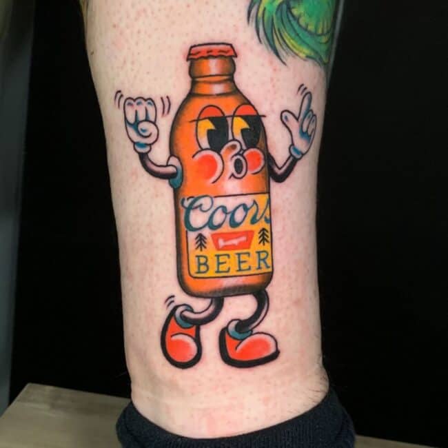 Colour Cartoon Script Lettering Coors Beer Bottle Eyes Nose Lips Hands Feet Bottle Cap Leg Calf Tattoo