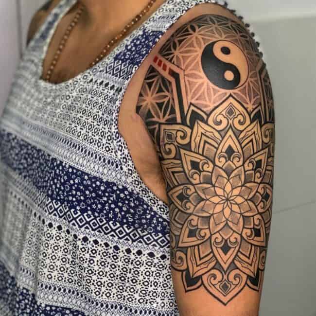 Colour Geometric Mandala Yin Yang Star Detailed Dots Abstract Shading Symmetrical Shapes Patterns Upper Arm Shoulder Sleeve Tattoo