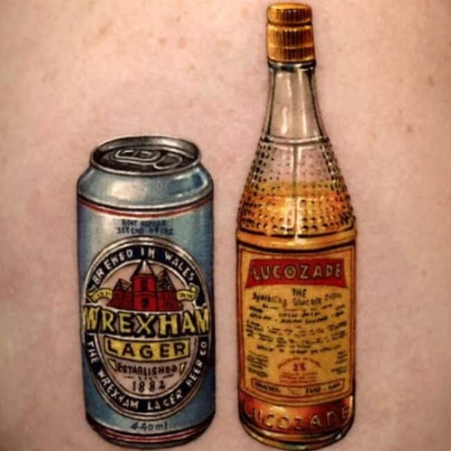 Colour Realism Script Lettering Detailed Bottle Silver Can Beer Logos Wrexham Lager Bottle Cap Shoulder Arm Tattoo