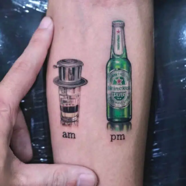 Colour Realism Script Lettering Vietnamese Coffee Glass Milk Strainer Bottle of Beer Heineken Silver Logo Bottle Cap Forearm Tattoo