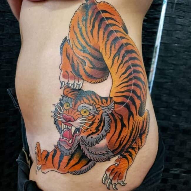 Colour Realism Traditional Japanese Whole Body Tiger Detailed Eye Nose Ears Mouth Sharp Teeth Claws Whiskers Full Flow Torso Rib Tattoo