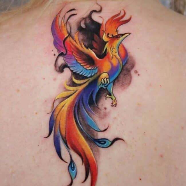 Colour Watercolour Whole Body Phoenix Pointed Beak Eye Crest Wings Tail Sharp Talons Nails Colourful Feathers Back Tattoo
