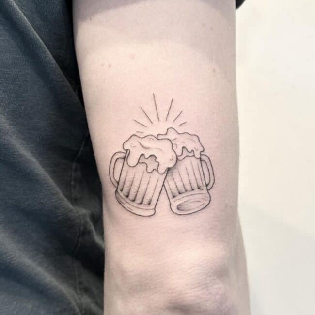 Fine Line Minimalist Beer Mugs Cheers Flowing Bubbles Detailed Handles with Effects of Line Elements Elbow Arm Tattoo