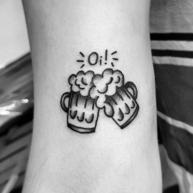 Fine Line Minimalist Beer Mugs Cheers Flowing Bubbles Detailed Handles with Effects of Line Elements Oi Forearm Tattoo